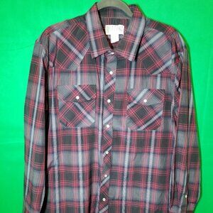 Haband Mens Shirt L Black Red Gray Plaid Long Sleeve Snap Button Western Cowboy
